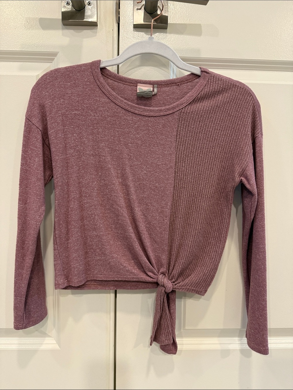 Paper Crane Dusty Mauve Ribbed Tie-Front Long Sleeve Top
